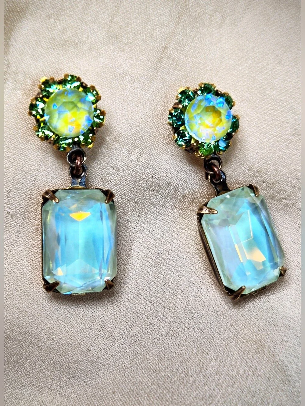 Bright Apple Green Crystals W/ Flower In Octagon Antique Bronze Artisan Earrings